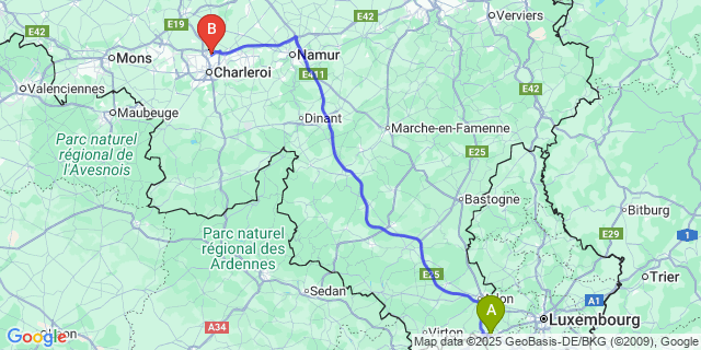 Map: Charleroi Airport Brussels South (CRL) to Pétange