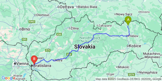 Map: Bratislava Airport (BTS) to Bardejov