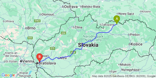Map: Bratislava Airport (BTS) to Stará Ľubovňa