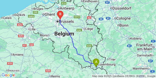 Map: Brussels Zaventem Airport (BRU) to Bettembourg