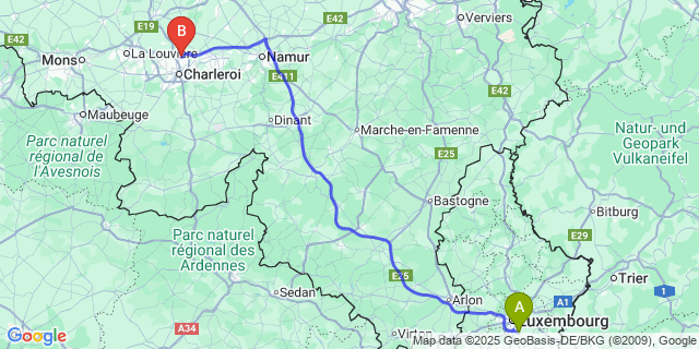 Map: Charleroi Airport Brussels South (CRL) to Hesperange