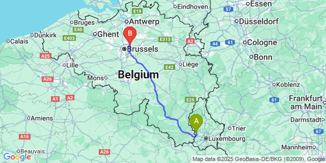Map: Brussels Zaventem Airport (BRU) to Hobscheid