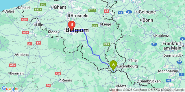 Map: Charleroi Airport Brussels South (CRL) to Kayl