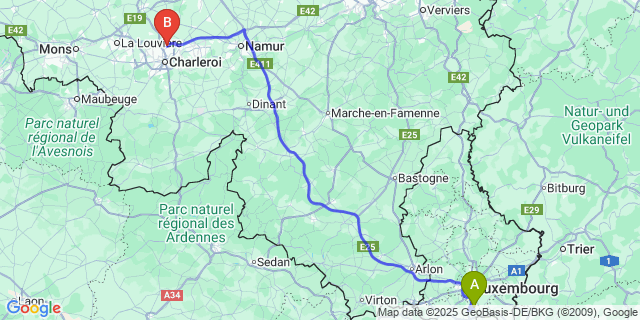 Map: Charleroi Airport Brussels South (CRL) to Roeser