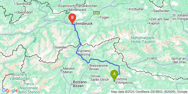 Map: Innsbruck Airport (INN) to Cortina d’Ampezzo