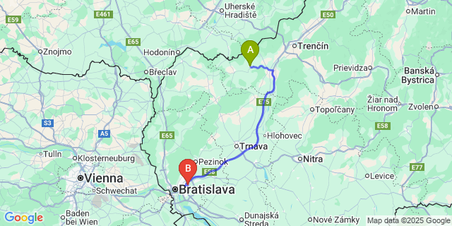 Map: Bratislava Airport (BTS) to Stará Turá
