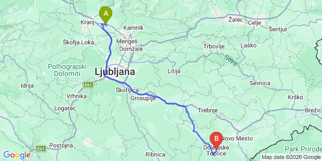 Map: Ljubljana Airport (LJU) to Dolenjske Toplice