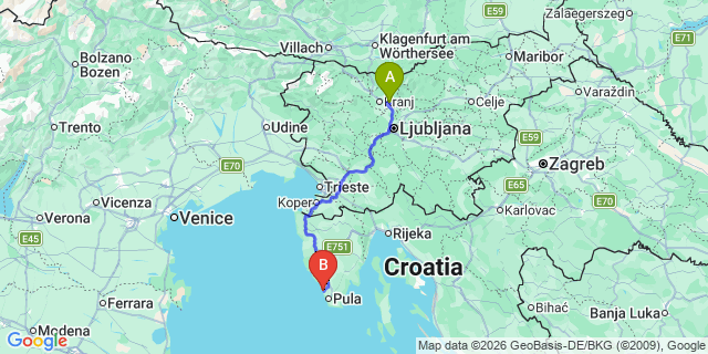 Map: Ljubljana Airport (LJU) to Fazana