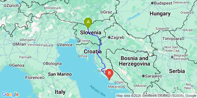 Map: Ljubljana Airport (LJU) to Grebastica