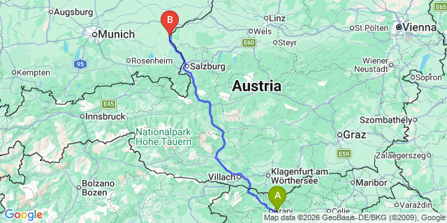 Map: Ljubljana Airport (LJU) to Kaprun