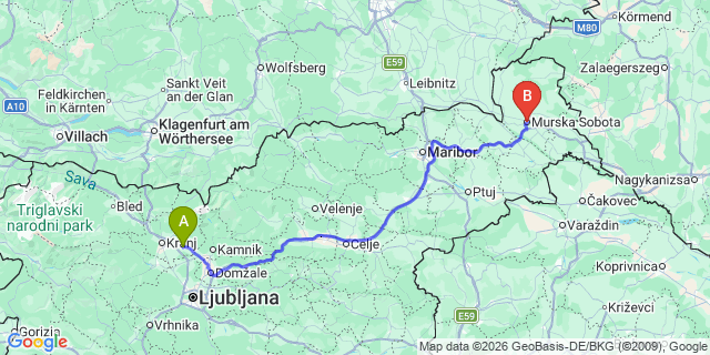 Map: Ljubljana Airport (LJU) to Murska Sobota