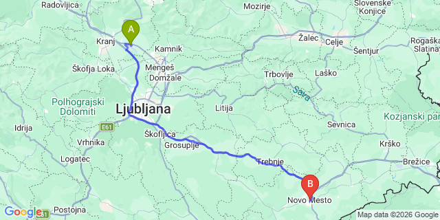 Map: Ljubljana Airport (LJU) to Novo Mesto