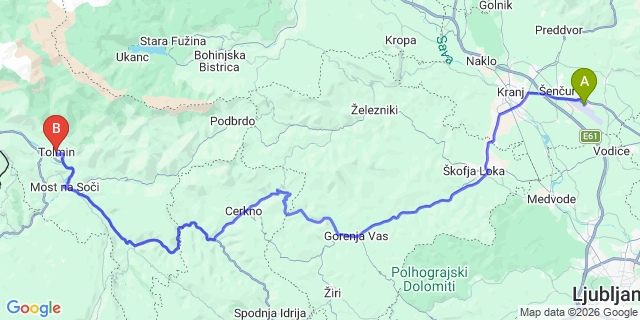 Map: Ljubljana Airport (LJU) to Tolmin