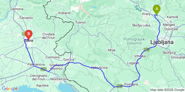 Map: Ljubljana Airport (LJU) to Udine