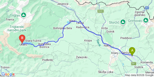Map: Ljubljana Airport (LJU) to Ukanc