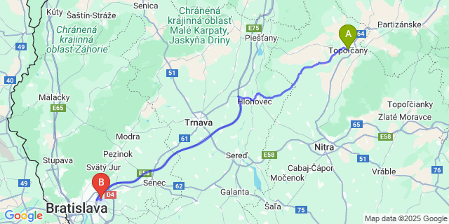 Map: Bratislava Airport (BTS) to Topolcany