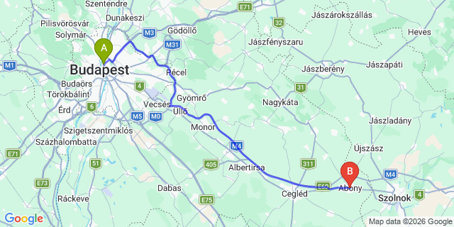 Map: Budapest Nyugati Train Station to Abony