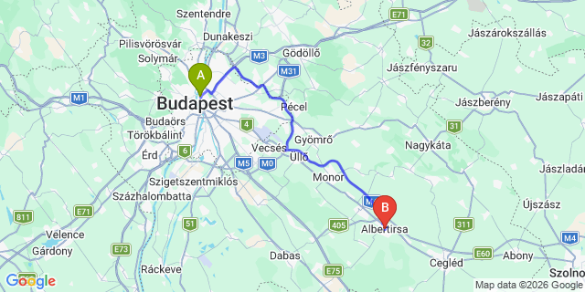 Map: Budapest Nyugati Train Station to Albertirsa