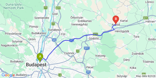 Map: Budapest Nyugati Train Station to Aszód