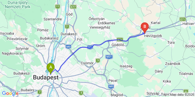 Map: Budapest Nyugati Train Station to Bag