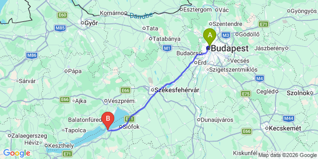 Map: Budapest Nyugati Train Station to Balaton Sound Festival