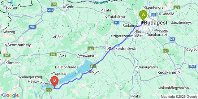Map: Budapest Nyugati Train Station to Balatonfenyves
