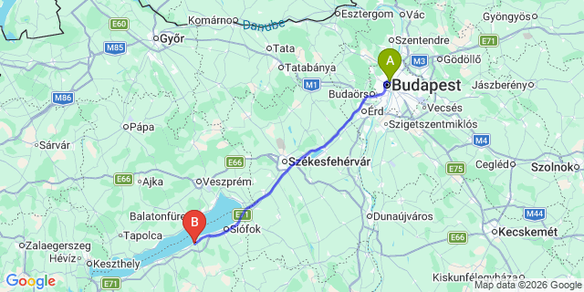 Map: Budapest Nyugati Train Station to Balatonföldvár
