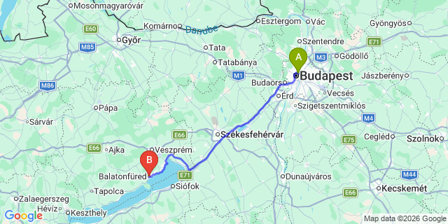 Map: Budapest Nyugati Train Station to Balatonfüred