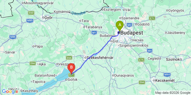 Map: Budapest Nyugati Train Station to Balatonvilágos