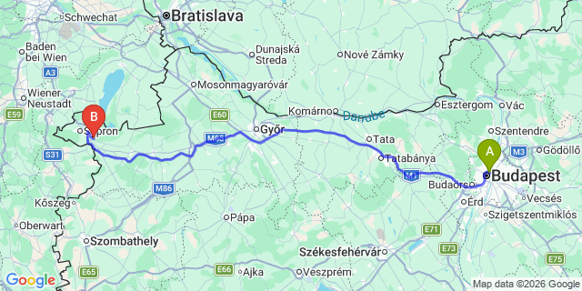 Map: Budapest Nyugati Train Station to Balf