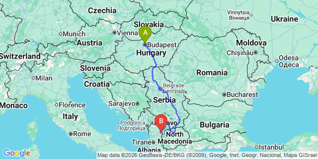 Map: Budapest Nyugati Train Station to Belgrade city (all areas)