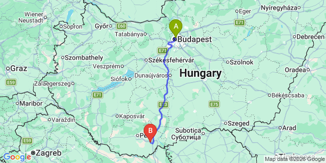 Map: Budapest Nyugati Train Station to Bóly