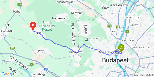 Map: Budapest Nyugati Train Station to Budajenő