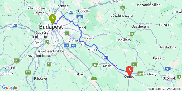 Map: Budapest Nyugati Train Station to Cegléd