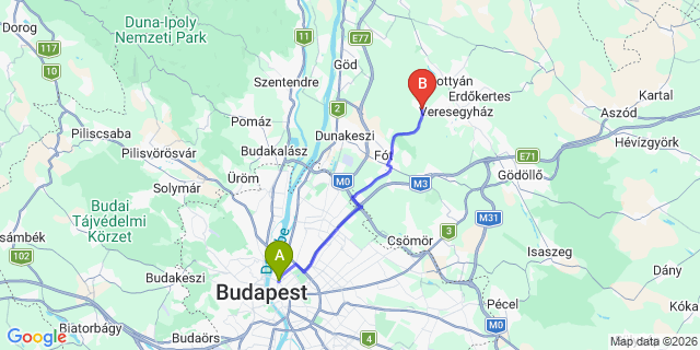 Map: Budapest Nyugati Train Station to Csomád
