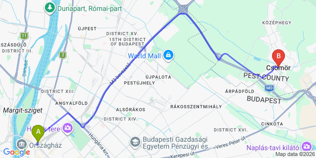 Map: Budapest Nyugati Train Station to Csömör