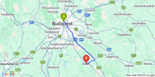 Map: Budapest Nyugati Train Station to Dabas