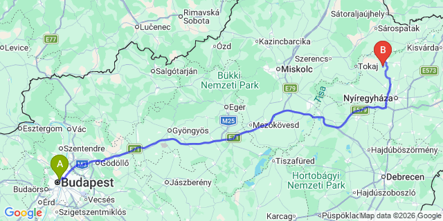 Map: Budapest Nyugati Train Station to Debrecen