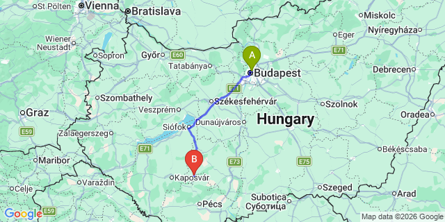 Map: Budapest Nyugati Train Station to Dombóvár
