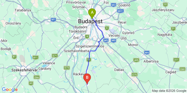 Map: Budapest Nyugati Train Station to Dömsöd
