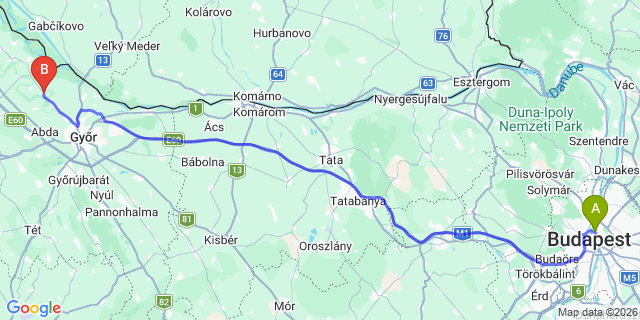 Map: Budapest Nyugati Train Station to Dunaszeg