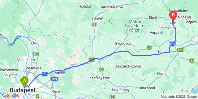 Map: Budapest Nyugati Train Station to Eger