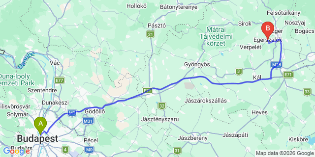 Map: Budapest Nyugati Train Station to Egerszalók
