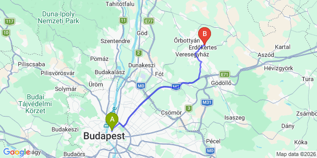 Map: Budapest Nyugati Train Station to Erdőkertes