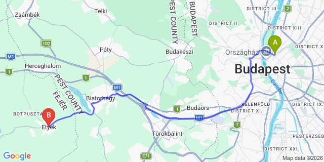 Map: Budapest Nyugati Train Station to Etyek