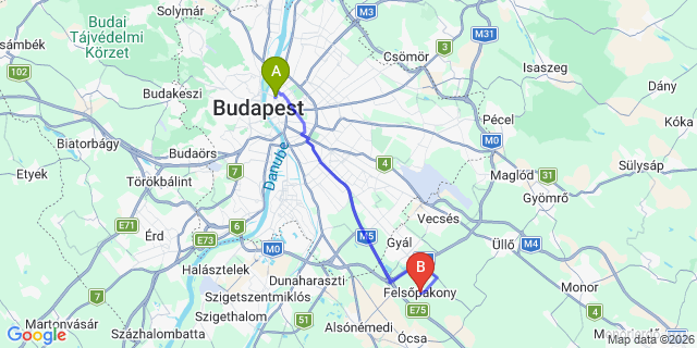 Map: Budapest Nyugati Train Station to Felsőpakony