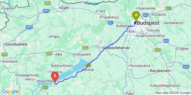 Map: Budapest Nyugati Train Station to Fonyód