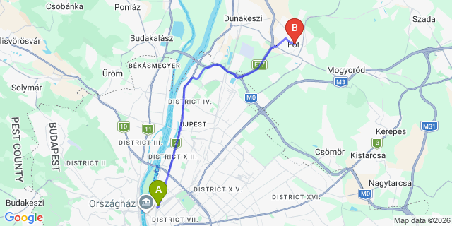 Map: Budapest Nyugati Train Station to Fót