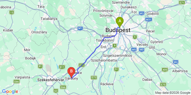 Map: Budapest Nyugati Train Station to Gárdony