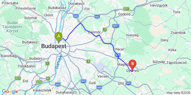 Map: Budapest Nyugati Train Station to Gyömrő